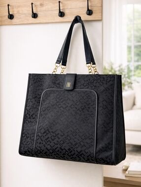Tommy Hilfiger Black Monogram Jacquard Tote Bag Gold Hardware Structured
